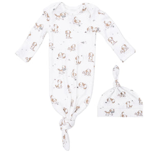 The Angel Dear Baby Boys’ Knotted Gown and Beanie Hat features an ultra soft modal fabric with a charming brown and gray puppy dog print, shown on a plain background.