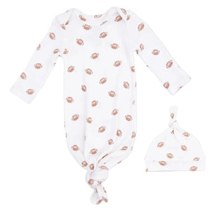 Angel Dear Baby Boys’ Knotted Gown and Knotted Hat set, crafted from soft ribbed modal with an all-over brown football print.