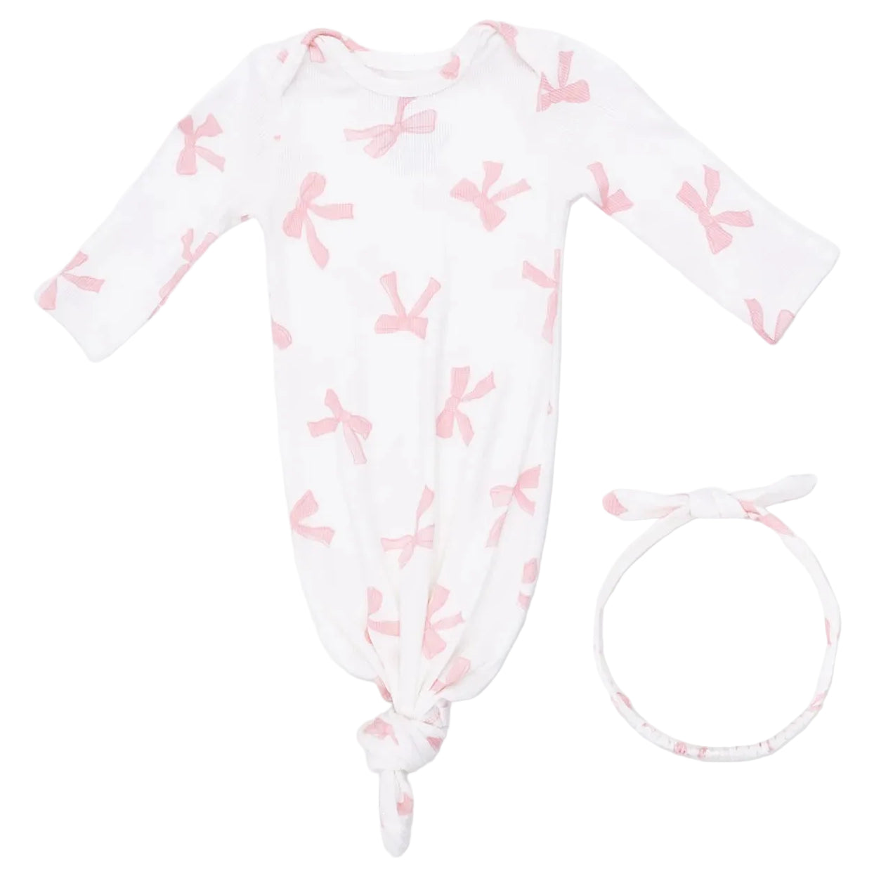 The Angel Dear Baby Girls’ Knotted Gown and Knot Headband set features a white modal gown with long sleeves, a pink bow print, and a knotted bottom. A matching fabric knot headband is included and placed beside the gown.