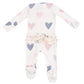 The Angel Dear Baby Girls' Modal Rib 2-Way Ruffle Zip Footie features ribbed modal fabric, pink and gray hearts, attached footies, and ruffled back details for a sweet touch.