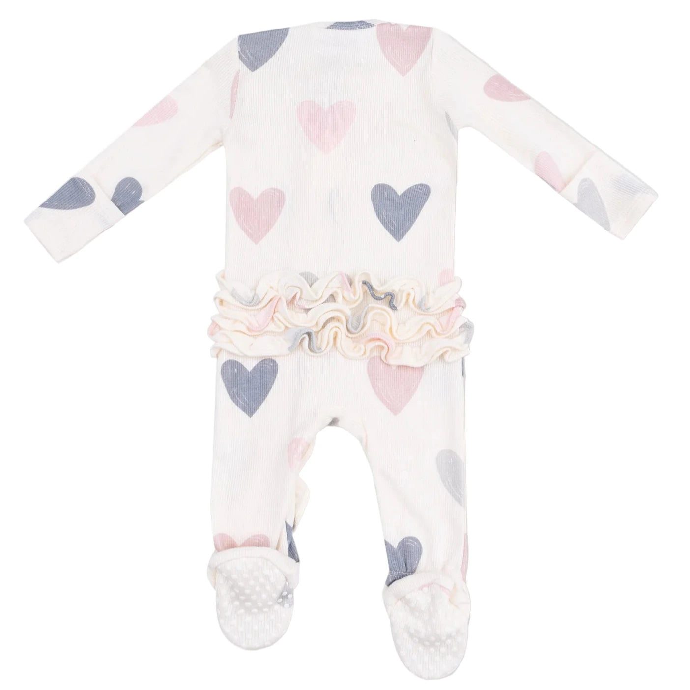The Angel Dear Baby Girls' Modal Rib 2-Way Ruffle Zip Footie features ribbed modal fabric, pink and gray hearts, attached footies, and ruffled back details for a sweet touch.