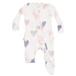 The Angel Dear Baby Girls' Modal Rib 2-Way Ruffle Zip Footie features a pastel heart pattern, footed design, ruffle accents, and a convenient diagonal zipper for easy changes.