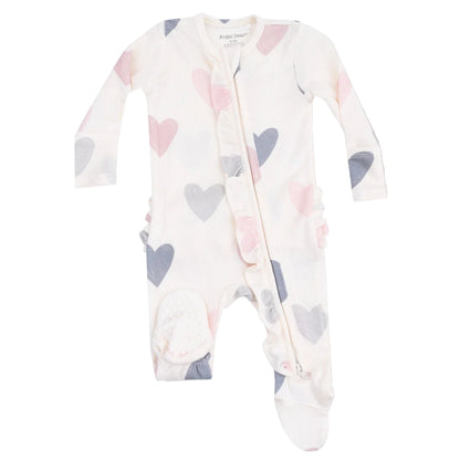 The Angel Dear Baby Girls' Modal Rib 2-Way Ruffle Zip Footie features a pastel heart pattern, footed design, ruffle accents, and a convenient diagonal zipper for easy changes.