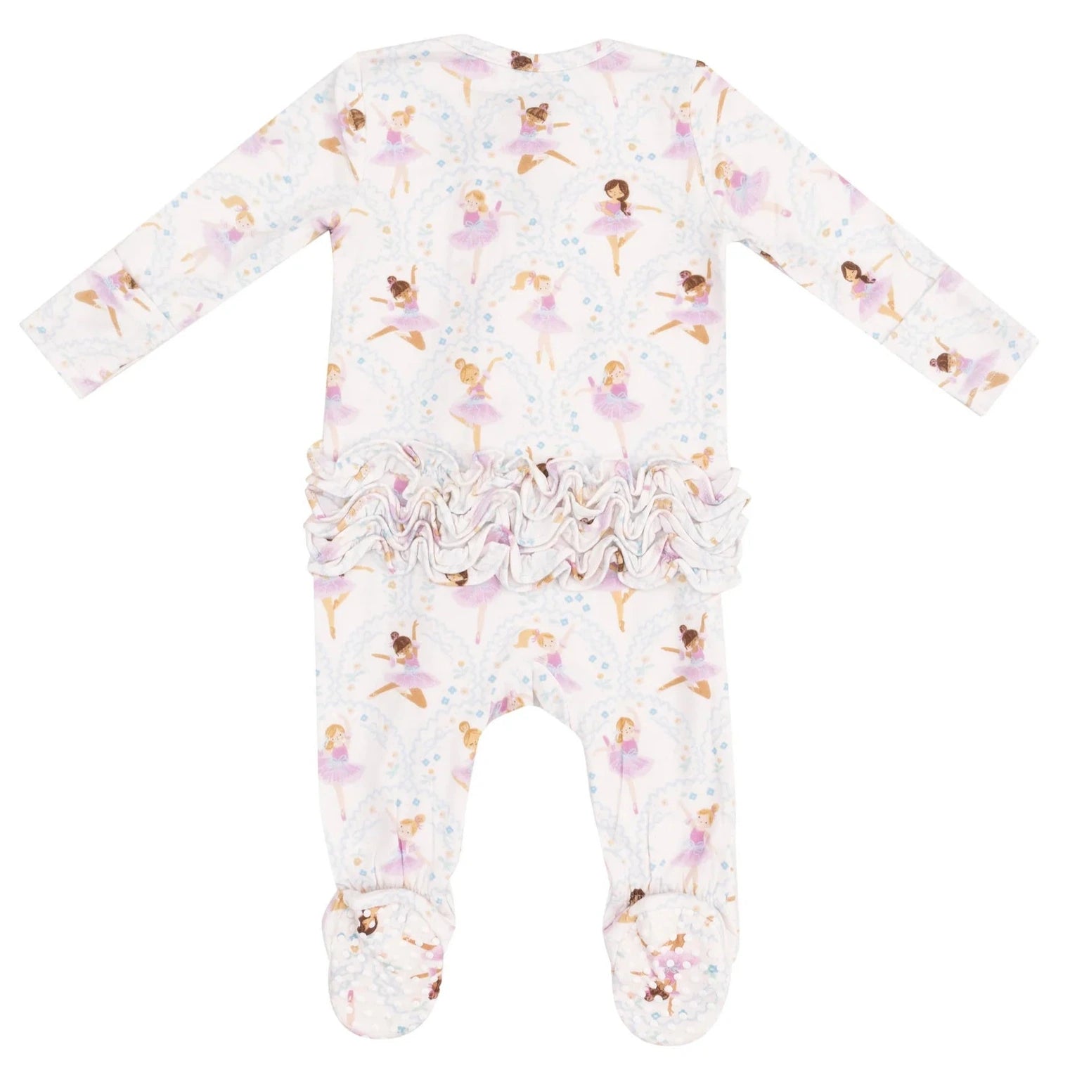 Angel Dear’s Baby Girl's 2-Way Bamboo Ruffle Back Zipper Footie features soft bamboo fabric, charming ruffles on the back, long sleeves, attached footies, and a playful ballerina print—perfect for your little dancer.