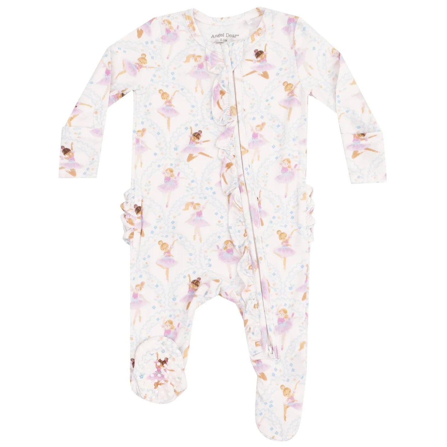 Angel Dear’s Baby Girl's 2-Way Bamboo Ruffle Back Zipper Footie features soft bamboo fabric, a side zipper, ruffle accents, and an adorable pastel ballerina print—perfect for your little one.