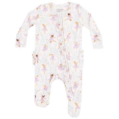 Angel Dear’s Baby Girl's 2-Way Bamboo Ruffle Back Zipper Footie features soft bamboo fabric, a side zipper, ruffle accents, and an adorable pastel ballerina print—perfect for your little one.