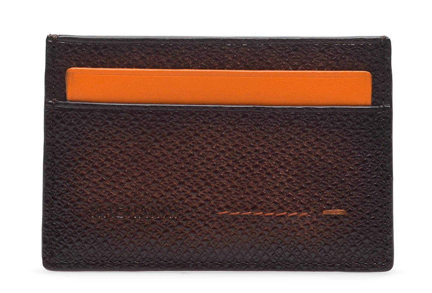 The Magnanni Card Holder, a textured dark brown wallet with card slots, is displayed against a white background with an orange card partially visible in the top slot.
