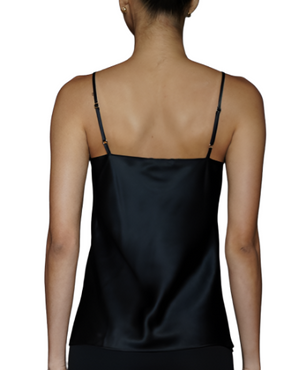 Person wearing the Sablyn Gloria Silk Cami, made in the USA, seen from behind.