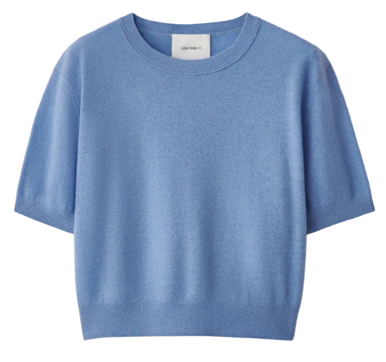 The Genevra T-Shirt by Lisa Yang is a light blue, short-sleeve knit sweater with a ribbed collar, cuffs, and hem. Featuring voluminous sleeves for a modern touch, it is displayed flat against a white background.