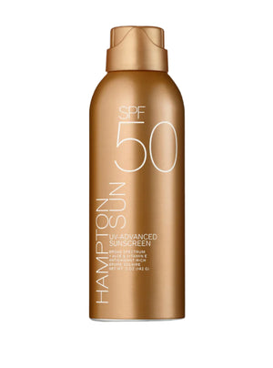 The Hampton Sun SPF 50 UV Advanced Mist offers broad-spectrum sun protection in a gold, 5-ounce spray bottle.