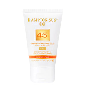 A 2 fl. oz. tube of Hampton Sun SPF 45 Wrinkle Control Face Cream provides broad spectrum coverage, is water resistant for 80 minutes, and features organic cucumber extracts plus hyaluronic acid.