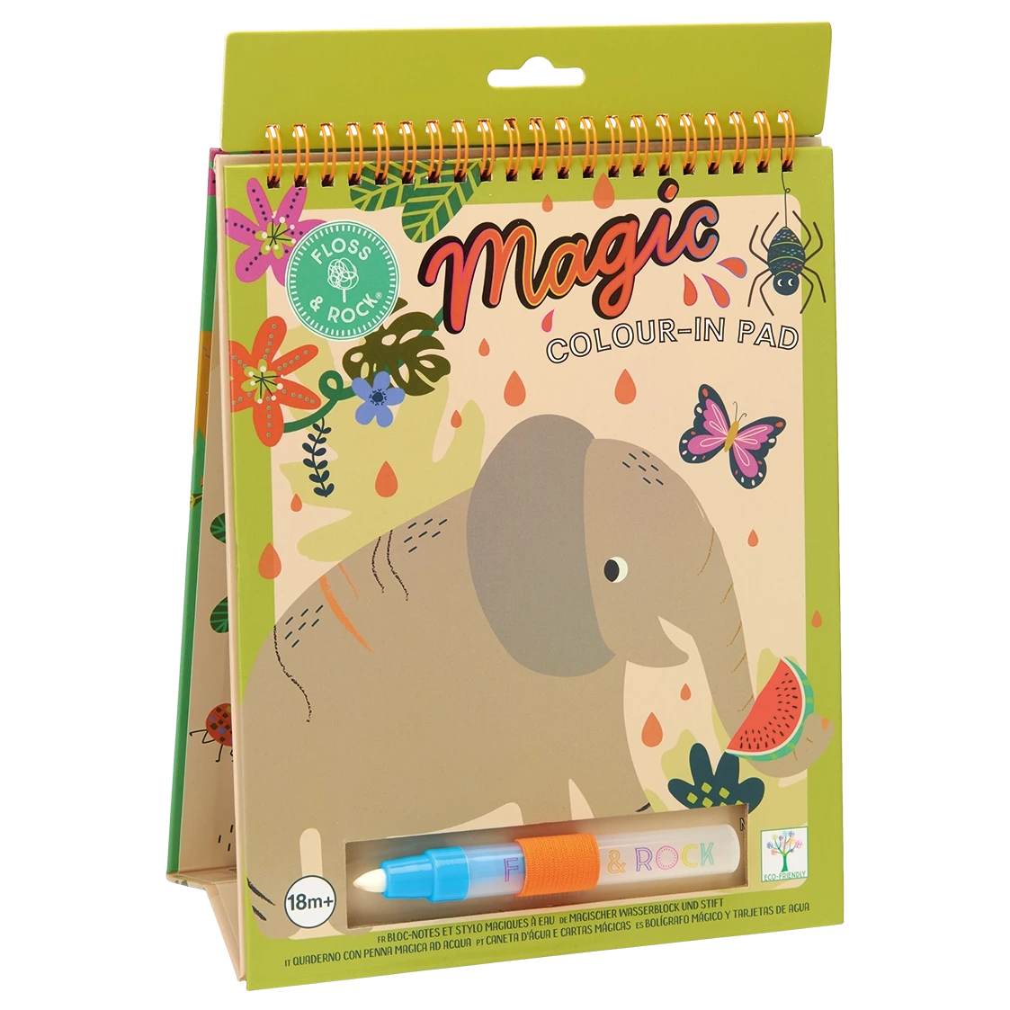 Floss and Rock’s Magic Color Changing Watercard Easel and Pen - Jungle is a reusable coloring pad for ages 18 months and up, featuring an elephant, butterfly, and flowers on the cover. This portable kids art set includes a water-based coloring pen—perfect for creative fun at home or on the go.