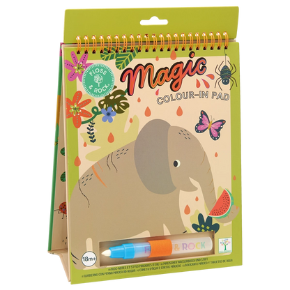 Floss and Rock’s Magic Color Changing Watercard Easel and Pen - Jungle is a reusable coloring pad for ages 18 months and up, featuring an elephant, butterfly, and flowers on the cover. This portable kids art set includes a water-based coloring pen—perfect for creative fun at home or on the go.