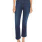 A person wears Mother Denim The Hustler Ankle jeans by Mother in dark blue with a high-rise skinny flare and ankle-length inseam, complemented by open-toe heels, standing against a plain background.