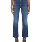 A pair of Mother Denim The Hustler Ankle high-rise skinny-flare jeans paired with brown boots against a white background.