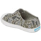 The Kids’ Jefferson Print Shoes by Native Shoes feature a green and gray camouflage pattern, a white sole made from shock-absorbent Sugarlite material for extra comfort, ventilation holes for breathability, and a blue “native” label on the heel.