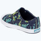 The Kids’ Jefferson Print Shoes by Native Shoes feature a playful blue, green, and yellow dinosaur print, convenient slip-on design, ventilation holes for breathability, a shock-absorbent white Sugarlite sole, and the “native” logo on the heel.