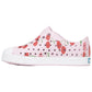 The Kids’ Jefferson Print Shoes by Native Shoes feature a cheerful cherry pattern and ventilation holes, with the signature white rubber toe cap and a shock-absorbent sole for comfort.