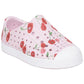 The Kids’ Jefferson Print Shoes by Native Shoes feature a pink slip-on design with ventilation holes, a white toe cap, and a playful red cherry print on the upper. Made from lightweight and shock-absorbent Sugarlite™ material, these shoes offer all-day comfort.