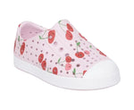 The Kids’ Jefferson Print Shoes by Native Shoes feature a pink slip-on design with ventilation holes, a white toe cap, and a playful red cherry print on the upper. Made from lightweight and shock-absorbent Sugarlite™ material, these shoes offer all-day comfort.