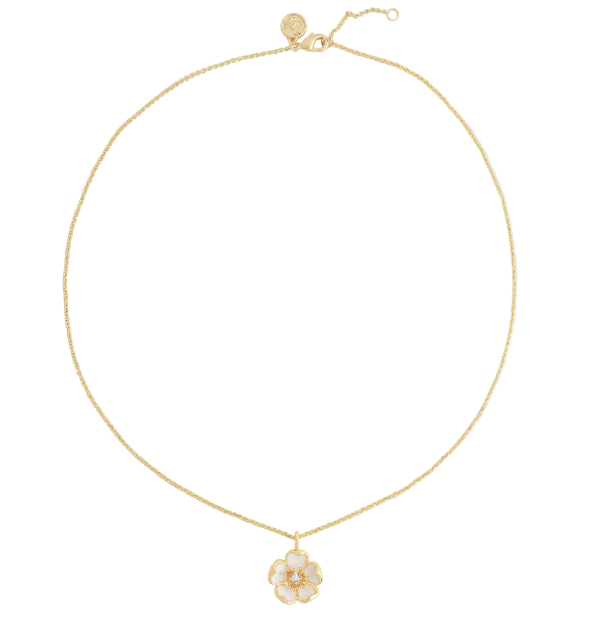 The Anabel Aram Wildflowers Pendant Necklace features a delicate 18k gold-dipped chain and a small flower-shaped pendant with white petals and a gold center.