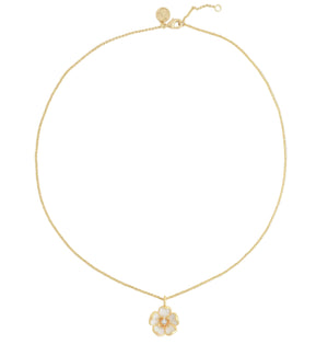 The Anabel Aram Wildflowers Pendant Necklace features a delicate 18k gold-dipped chain and a small flower-shaped pendant with white petals and a gold center.