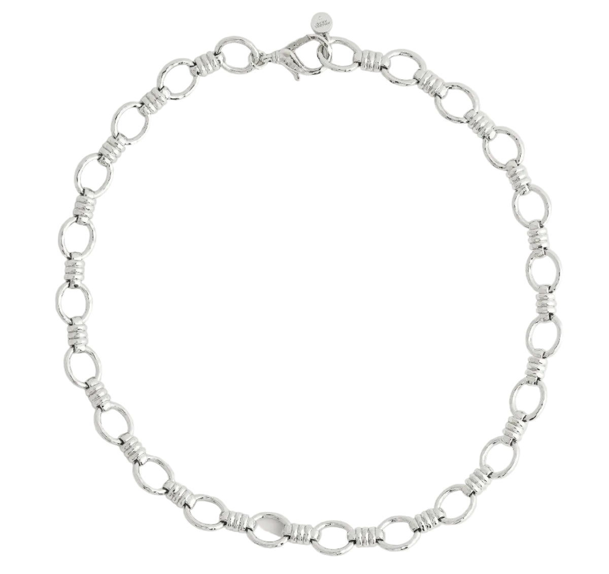 Anabel Aram Neptune Chain necklace in silver, featuring repeating circular links with banded accents and a lobster claw clasp.