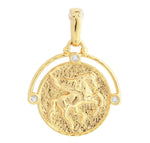 The Anabel Aram Pegasus Gold Coin Charm features a textured round medallion with a winged horse design and three clear stones—ideal for fans of mythical jewelry.