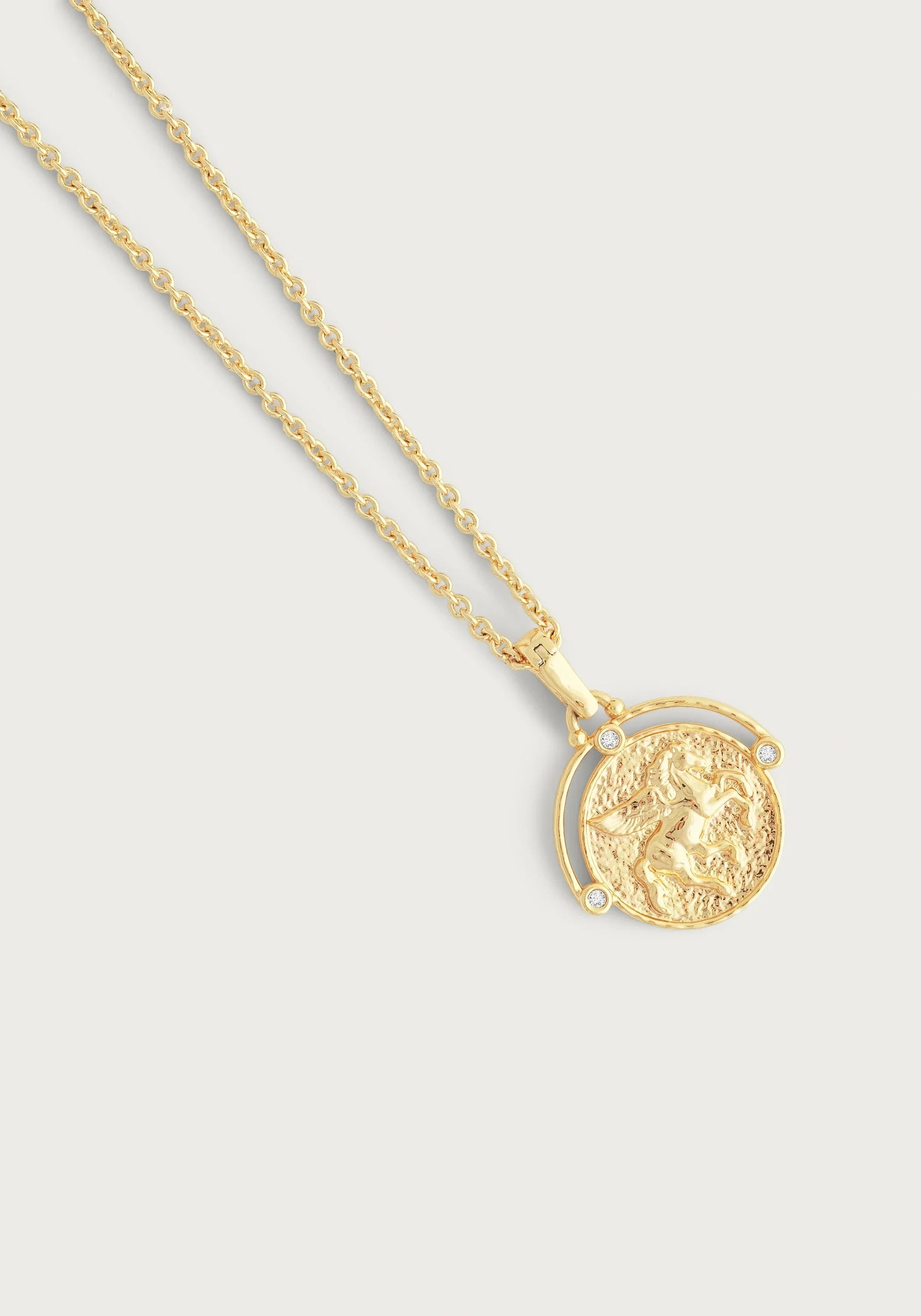 The Anabel Aram Pegasus Gold Coin Charm is a gold necklace with a textured Pegasus coin featuring an embossed profile and decorative accents, shown on a plain light background.