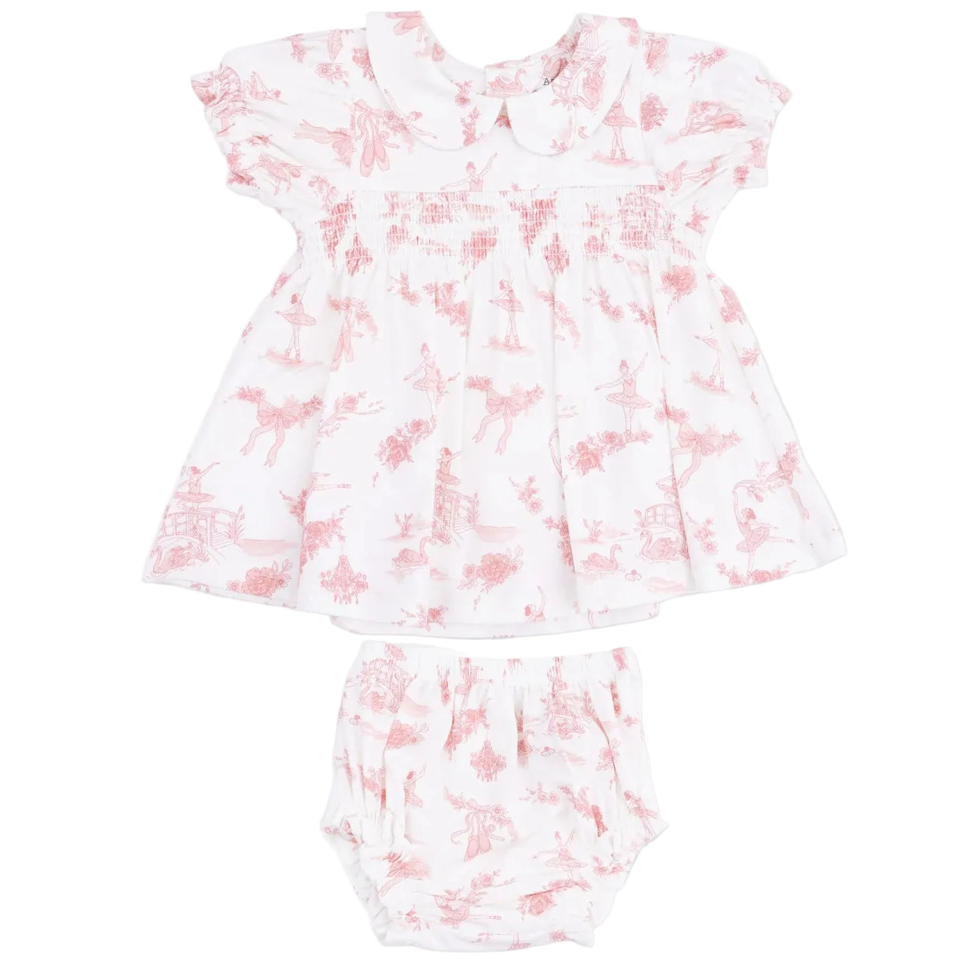 The Angel Dear Baby Girls’ Smocked Dress Set features a white dress with a pink toile pattern, short sleeves, and a charming Peter Pan collar, shown flat against a white background. This adorable set also includes matching bloomers for a timeless, classic look.