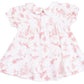 The Angel Dear Baby Girls’ Smocked Dress Set is a white dress with a pink toile print featuring ballerinas, flowers, and animals. This charming set includes classic details like a Peter Pan collar, short sleeves, and front pleats for timeless elegance.