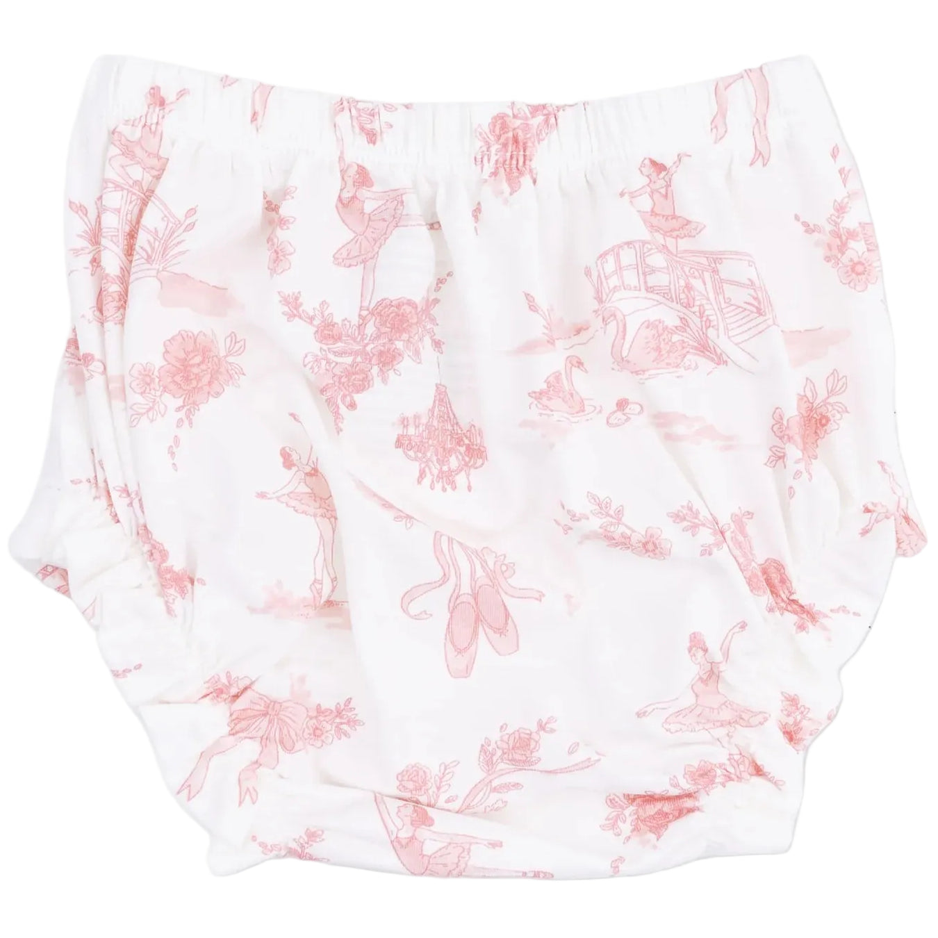 The Angel Dear Baby Girls’ Smocked Dress Set features white bloomers adorned with a charming pink print of ballerinas, flowers, ballet shoes, and decorative accents, perfectly complemented by a classic Peter Pan collar for timeless appeal.