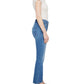 Woman in profile wears The Insider Ankle jeans by Mother, crafted from SUPERIOR denim, paired with a short-sleeve white top and blue heeled sandals. Made in Los Angeles. Set against a white background.