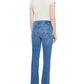 A person wearing a short-sleeve white top, The Insider Ankle high-rise bootcut jeans by Mother crafted from SUPERIOR denim, and high-heeled shoes stands facing away from the camera against a white background. Made in Los Angeles.