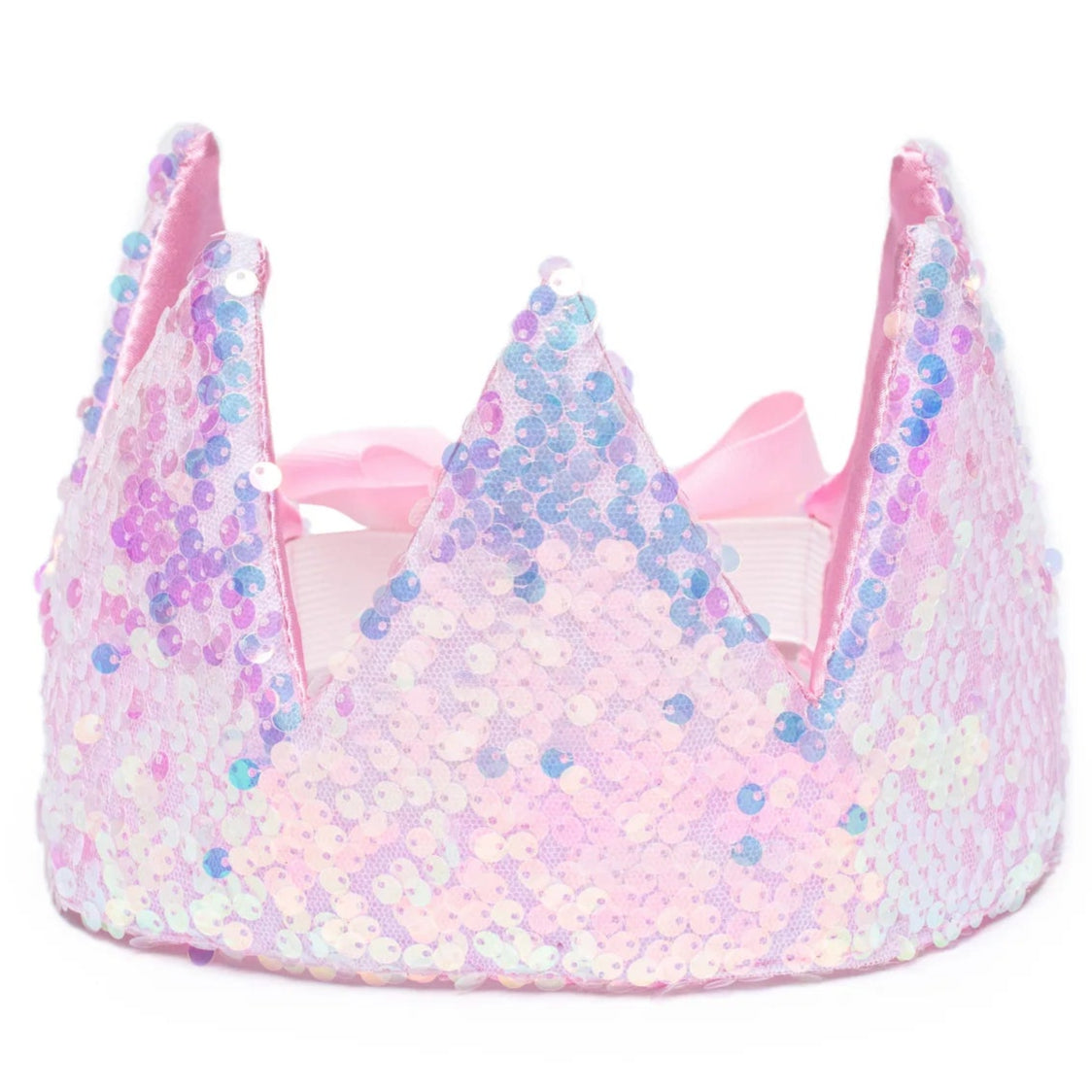 The Great Pretenders Ombre Sequins Crown is a pink crown headband decorated with ombre sequins and finished with a pretty pink bow tied at the back.