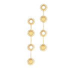 Milos Soleil Drop Earrings: a pair of 18K gold plated drop earrings featuring a vertical chain of four sun-shaped motifs with rays.