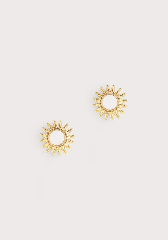 Milos Soleil Drop Earrings featuring 18K gold plated sunburst studs with mother of pearl circular centers.