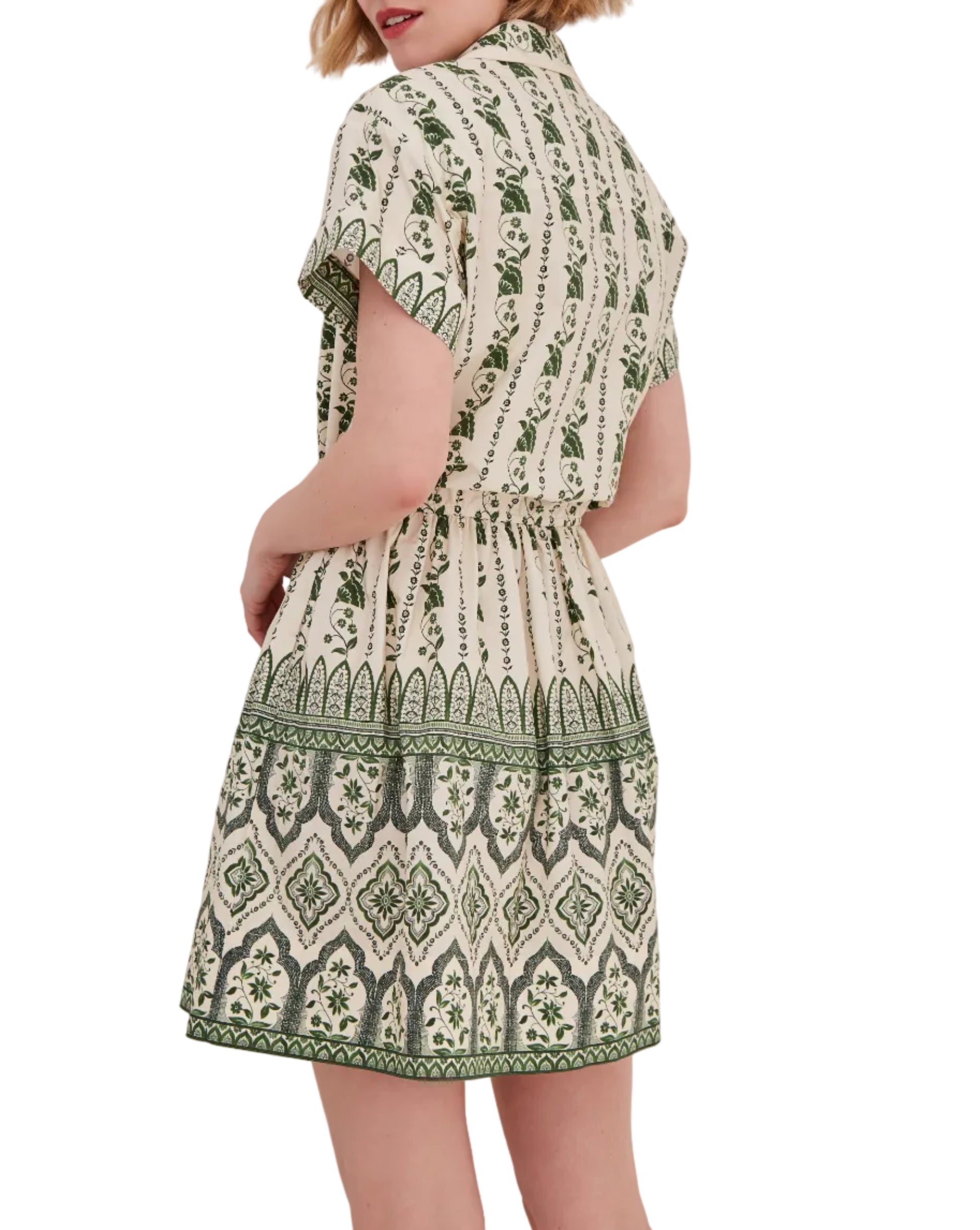 A woman stands with her back to the camera against a white background, wearing the Cara Cara Asbury Mini Dress— a short-sleeve cream and green placed print shirtdress.