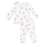 The Angel Dear Baby Girls’ Long Sleeve Ruffle Top and Pant set is a white two-piece pajama outfit crafted from soft ribbed modal fabric, featuring long sleeves, a ruffle top, and a delightful print of small brown and pink puppies and flowers.