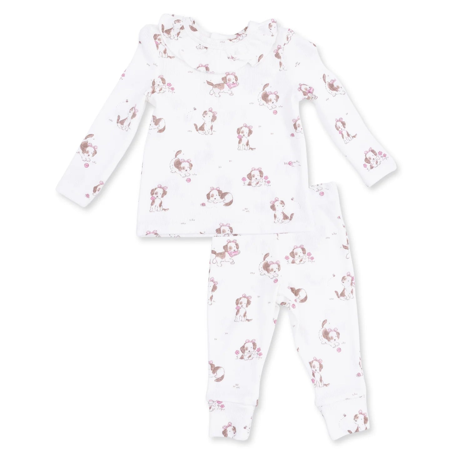 The Angel Dear Baby Girls’ Long Sleeve Ruffle Top and Pant set is a white two-piece pajama outfit crafted from soft ribbed modal fabric, featuring long sleeves, a ruffle top, and a delightful print of small brown and pink puppies and flowers.