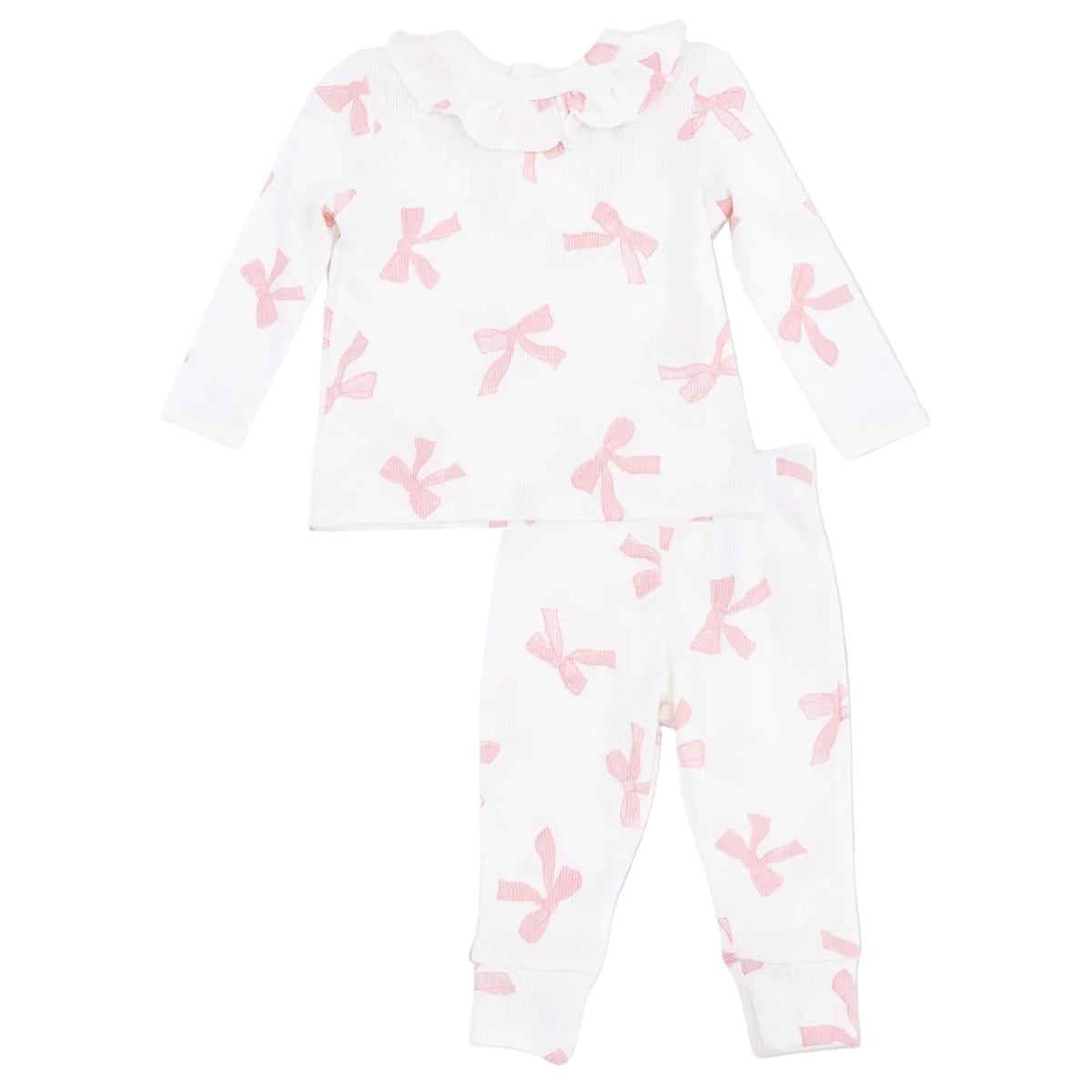 Introducing the Angel Dear Baby Girls’ Long Sleeve Ruffle Top and Pant set, featuring a soft ribbed modal fabric for extra comfort. This white set includes long sleeves and pants, accented with a charming pink bow pattern, a delicate ruffled collar, and an adorable ruffle top.