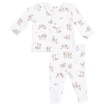 Angel Dear Baby Boys’ Long Sleeve Henley Play Set in white ribbed modal, featuring a tan and brown puppy dog print; the top and matching pants are displayed flat against a white background.