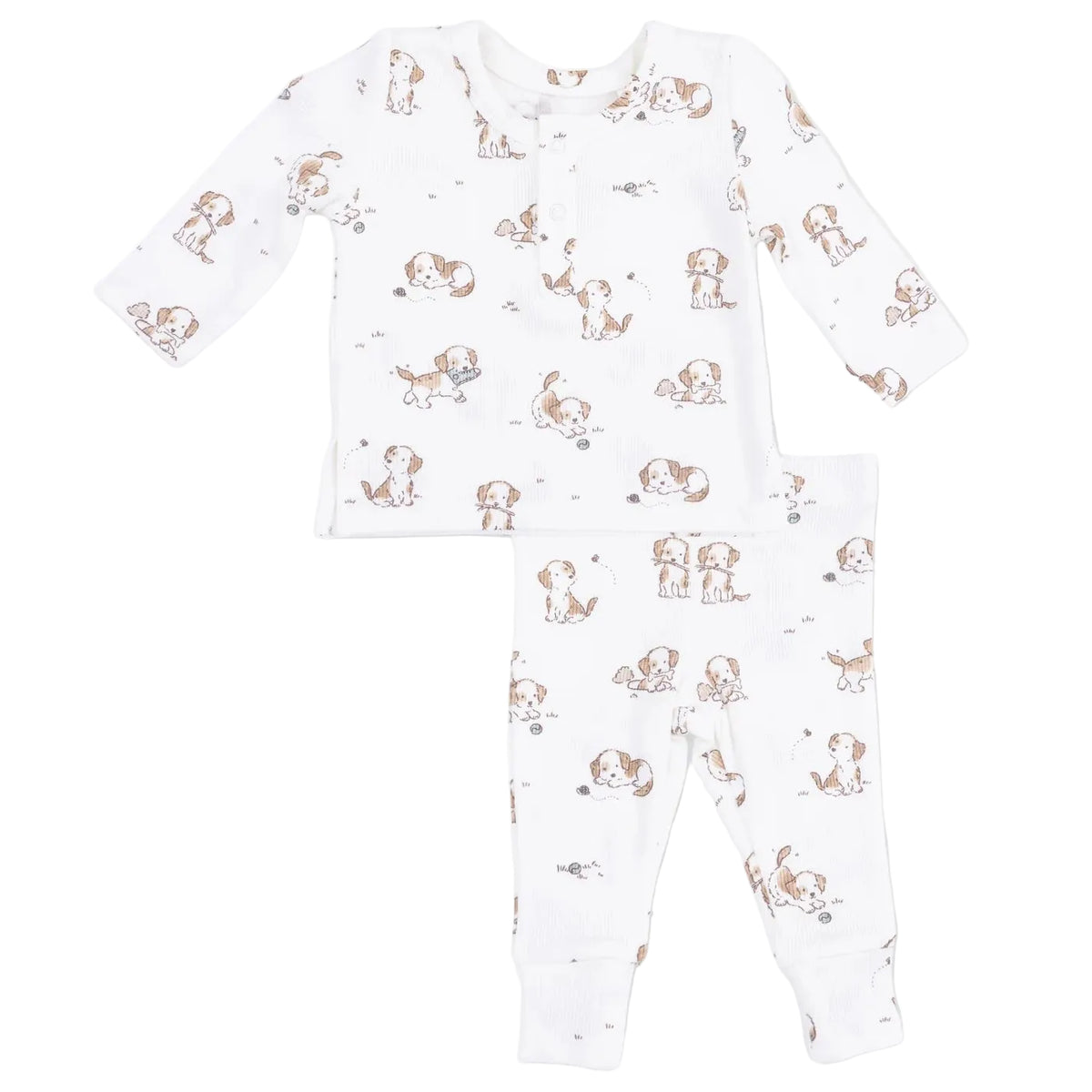 Angel Dear Baby Boys’ Long Sleeve Henley Play Set in white ribbed modal, featuring a tan and brown puppy dog print; the top and matching pants are displayed flat against a white background.