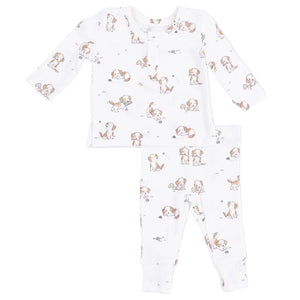 Angel Dear Baby Boys’ Long Sleeve Henley Play Set in white ribbed modal, featuring a tan and brown puppy dog print; the top and matching pants are displayed flat against a white background.