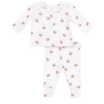 The Angel Dear Baby Boys’ Long Sleeve Henley Play Set features a soft ribbed modal fabric and includes a long sleeve henley top and matching pants, both in white with an allover brown football print for cozy, easy dressing.