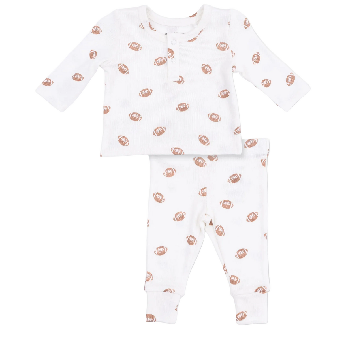 The Angel Dear Baby Boys’ Long Sleeve Henley Play Set features a soft ribbed modal fabric and includes a long sleeve henley top and matching pants, both in white with an allover brown football print for cozy, easy dressing.