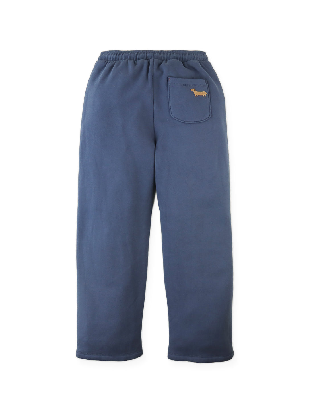 The Boys’ Sonny Joggers Pant by Gingersnaps features a navy blue design with an elastic waistband, a back pocket adorned with a small embroidered dog, and is crafted from soft fleece for ultimate comfort and style—perfect for kids’ everyday wear.