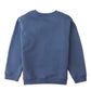 The Gingersnaps Boys’ Riccardo Pullover is shown laid flat and viewed from the back, highlighting its blue long-sleeve crewneck design with ribbed cuffs, hem, and neckline. This fleece pullover combines comfort and style, and features a charming embroidered dachshund detail.