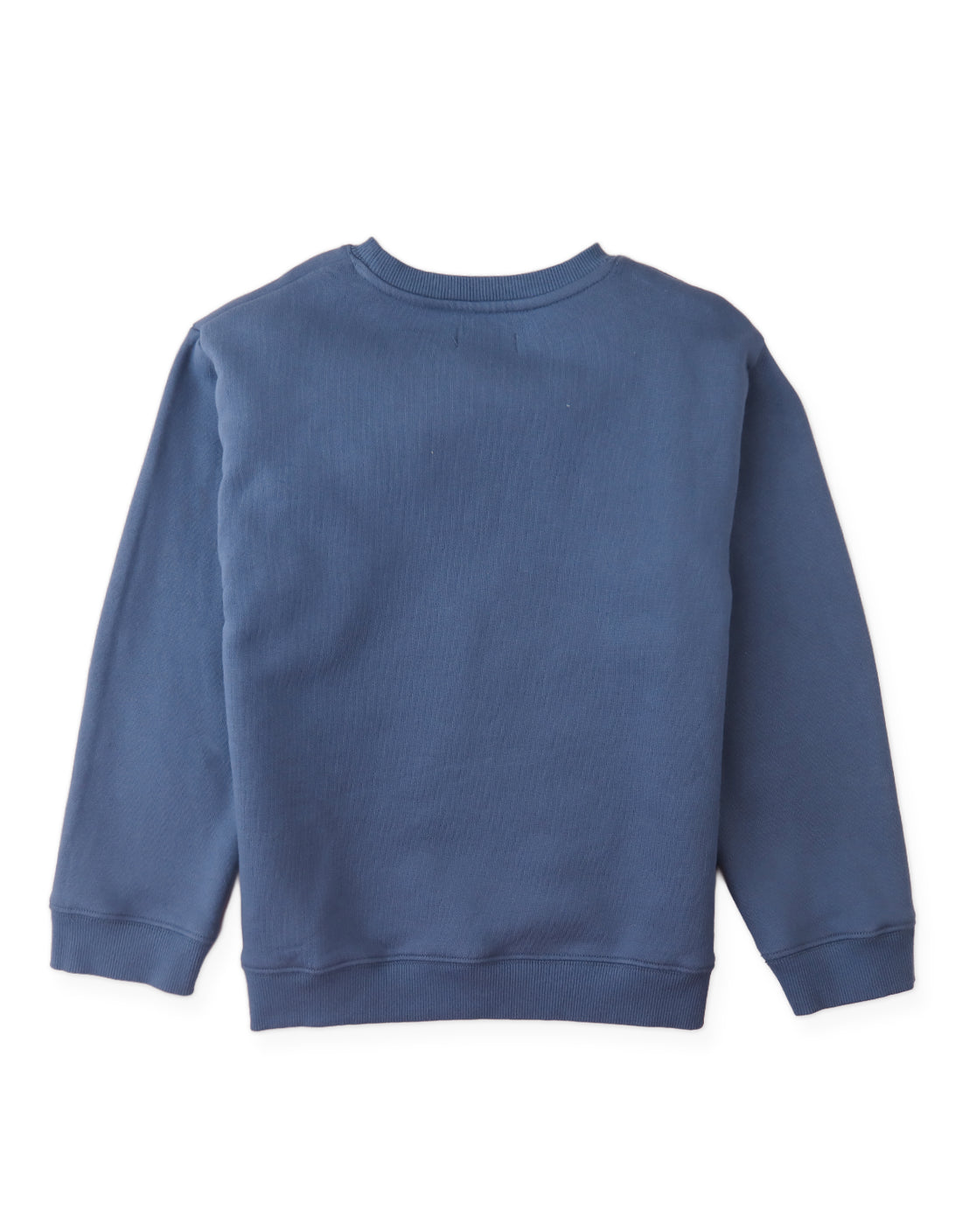 The Gingersnaps Boys’ Riccardo Pullover is shown laid flat and viewed from the back, highlighting its blue long-sleeve crewneck design with ribbed cuffs, hem, and neckline. This fleece pullover combines comfort and style, and features a charming embroidered dachshund detail.