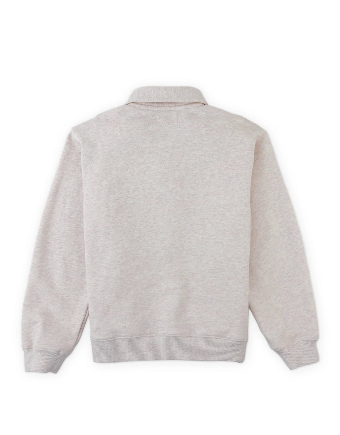 The Boys’ Stefano Polo Pullover by Gingersnaps is a light gray, long-sleeve French terry sweatshirt shown from the back. It features a flat collar, ribbed hem and cuffs, and has a plain design with no visible logos or patterns.
